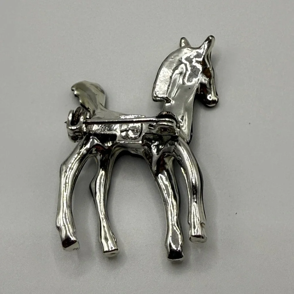 Vintage Black Enamel Horse Foal Brooch Silver Tone Equestrian Pony Pin Figural